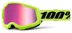 100% Strata 2 goggles, neon yellow frame with pink mirror lens for clear motocross visibility.