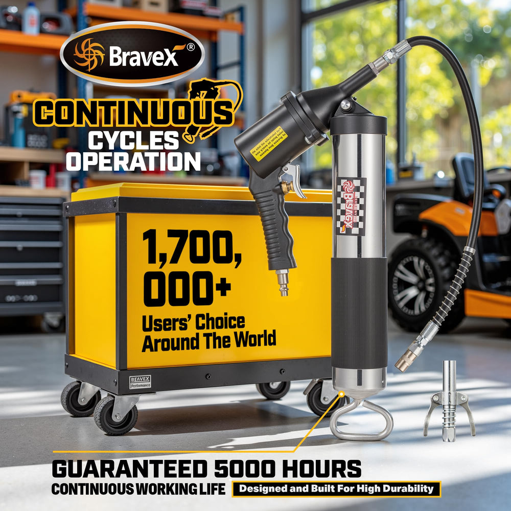 Bravex grease gun side profile highlighting compact design for controlled lubrication.