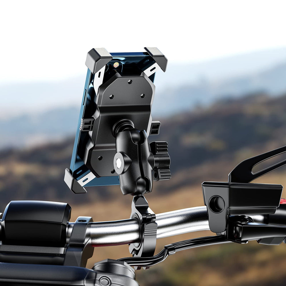 Mounted on motorcycle handlebar shows secure fit.