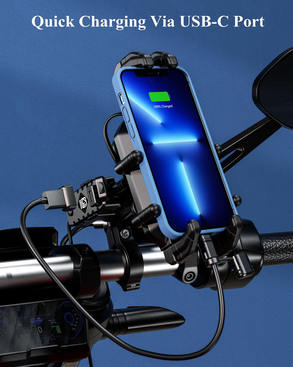 High-speed secure knob clamps your phone tightly on rough roads.