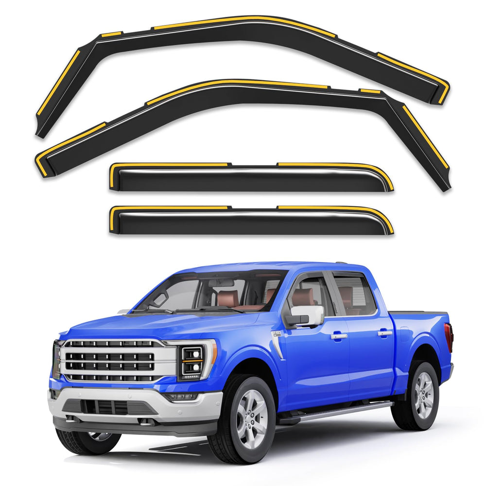 Breejoy rain guards on Ford F-150 SuperCrew front window for rain deflection.
