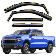 Breejoy rain guards on Silverado front-left window improve airflow and rain protection.