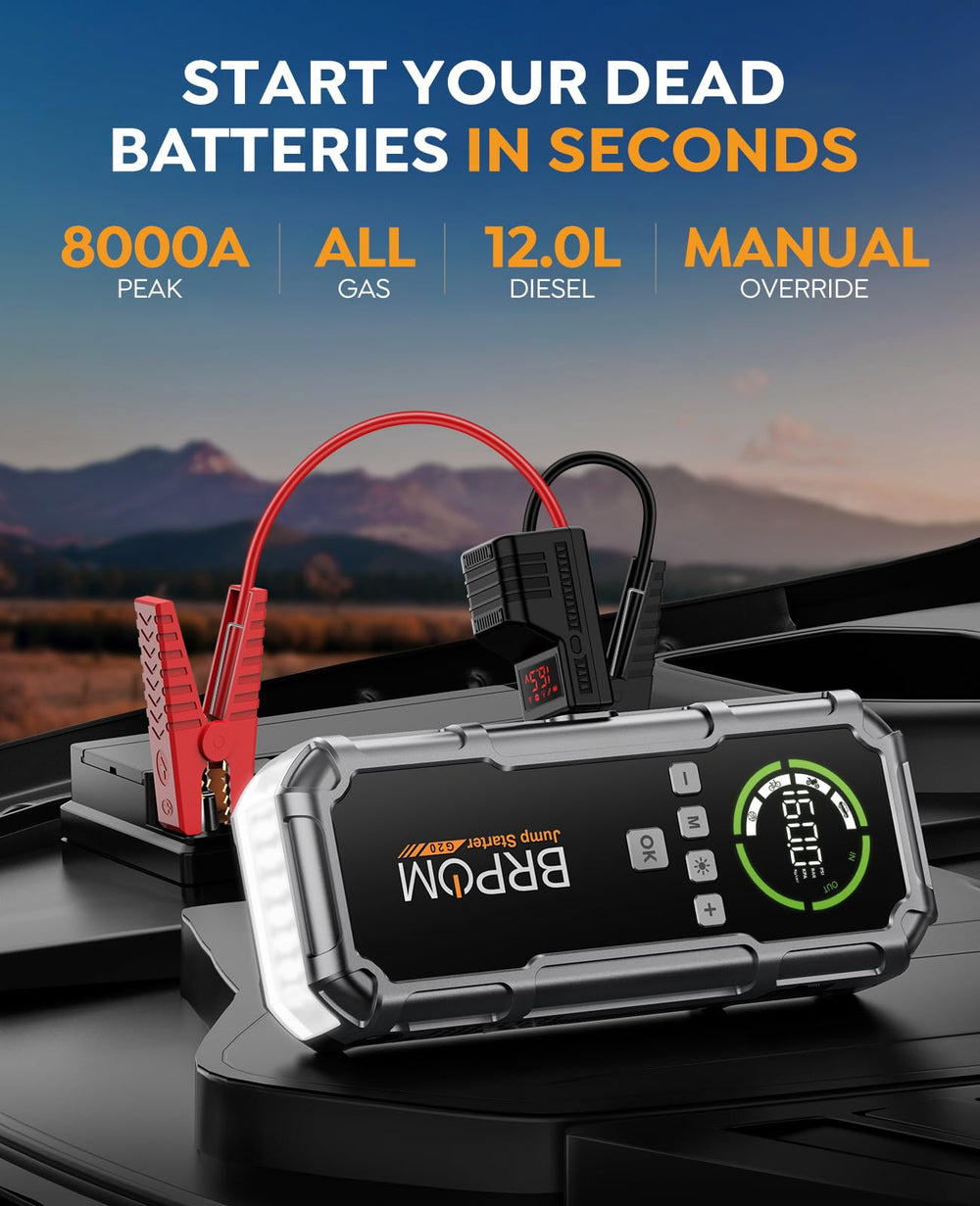 BRPOM Jump Starter air compressor nozzle setup for quick tire inflation.
