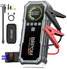 BRPOM Jump Starter with LCD display showing real-time start status.