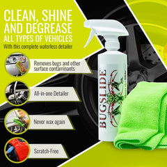 BugSlide cleaner applied to glass for crystal clean window shine