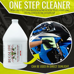 BugSlide degreasing action shown on engine bay or metal panels.