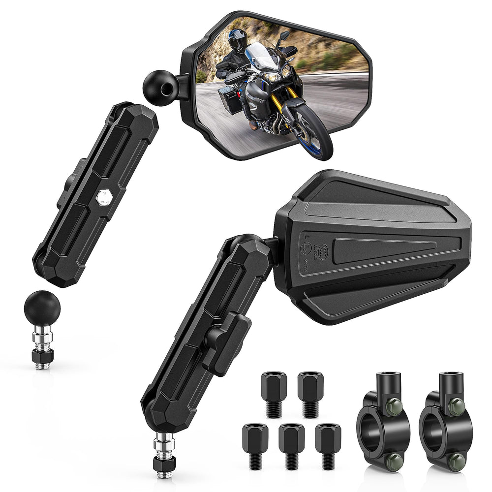 Bumbee upgraded adventure mirrors with 360-degree adjustment for versatile riding angles.