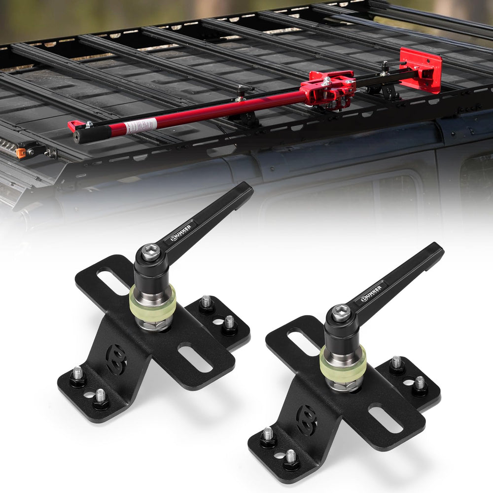 BUNKER INDUST farm jack mount on roof rack secures gear for travel.