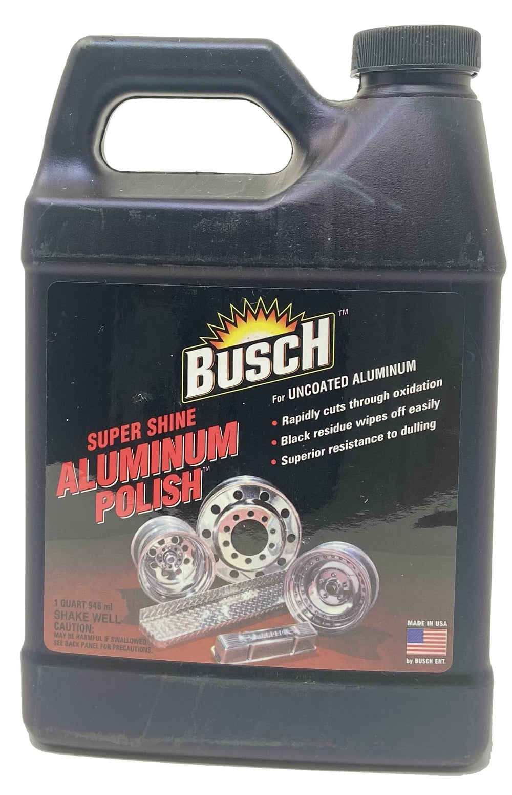 Busch Aluminum Polish Super Shine bottle with easy-to-use formula for raw aluminum.
