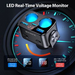 BUVAYE LED display shows real-time voltage readings for vehicle power.