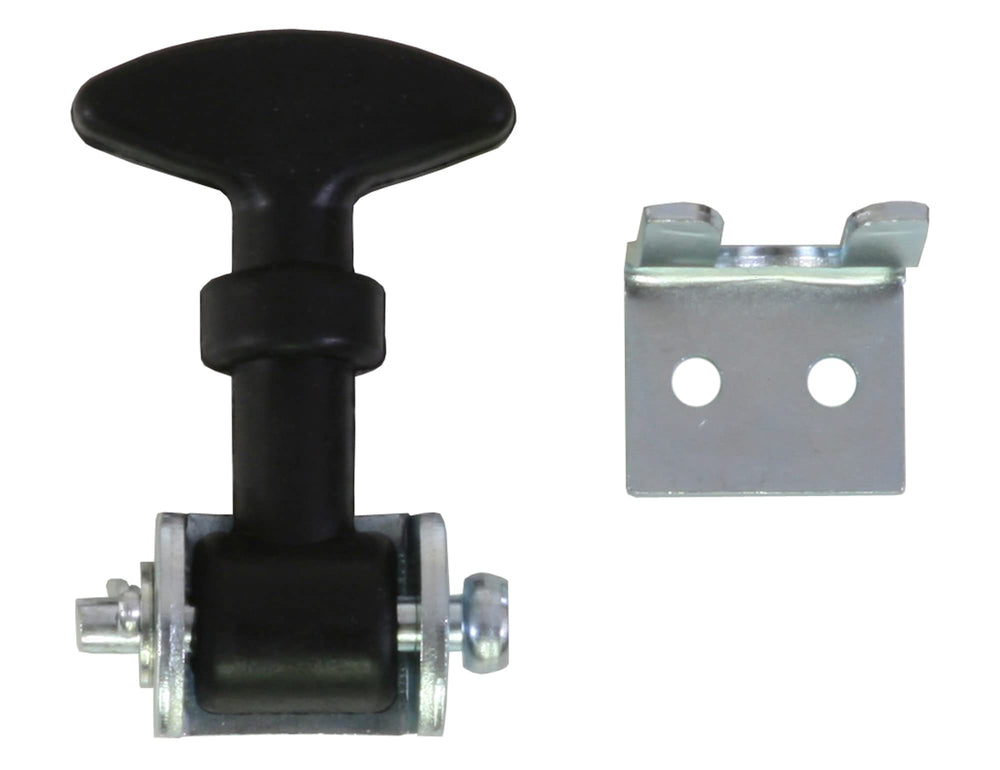 Buyers Products WJ2024 hood catch installed on a vehicle, showing flexible A or U bracket for secure mounting.