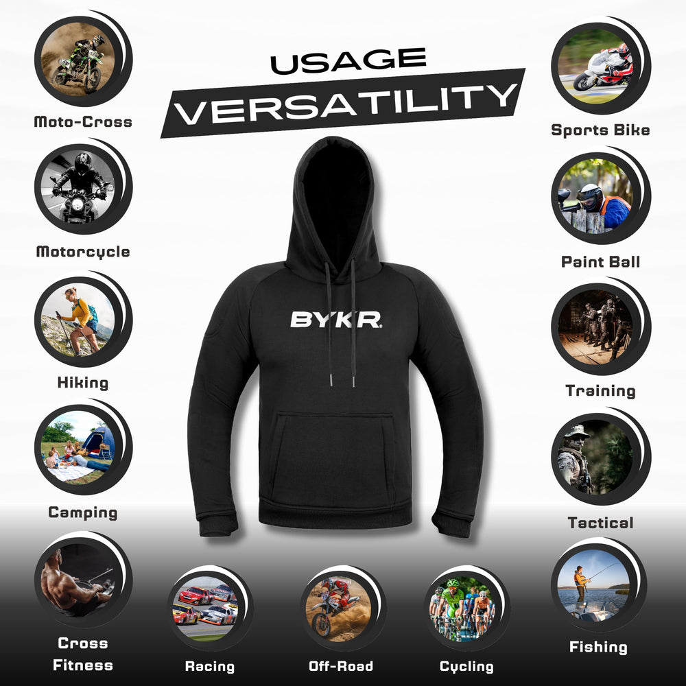 BYKR motorcycle hoodie adjustable hood drawstring for comfort in changing weather.