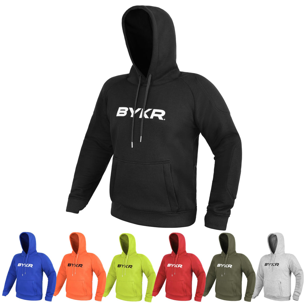 BYKR motorcycle hoodie front view with armored shoulders and elbows for riding and casual wear.