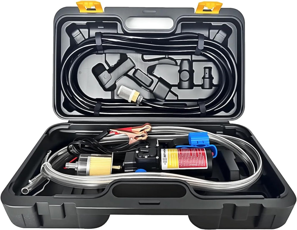 Bythomshelf 12V fuel transfer pump set side view showing fast transfer for vehicles