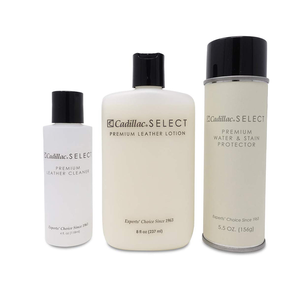 Cadillac Select Premium Leather Care Kit box showing comprehensive leather care for luxury items.