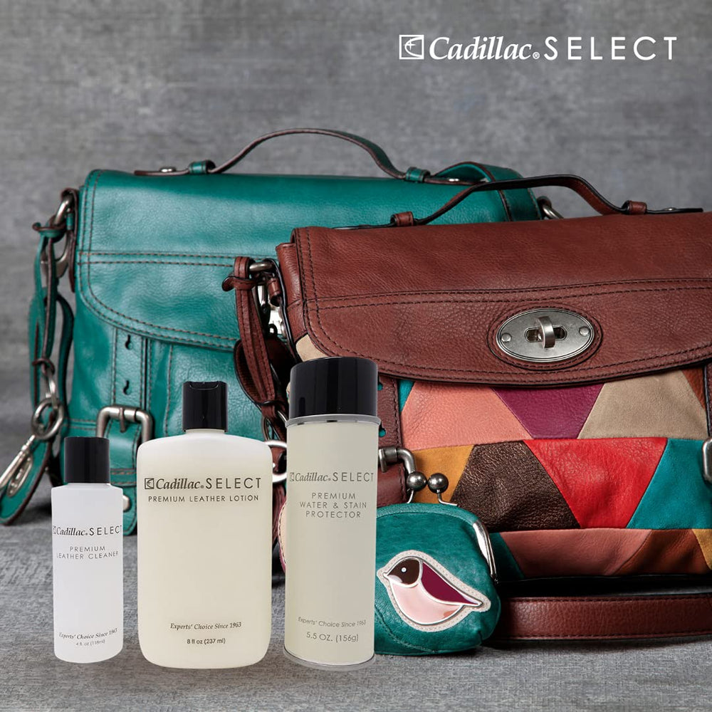 Cadillac Select Premium Leather Care kit made in USA badge signaling domestic craftsmanship.