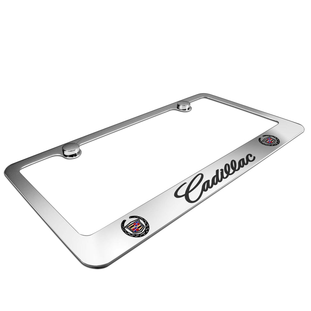 Cadillac license frame includes screw covers for a clean, premium look.