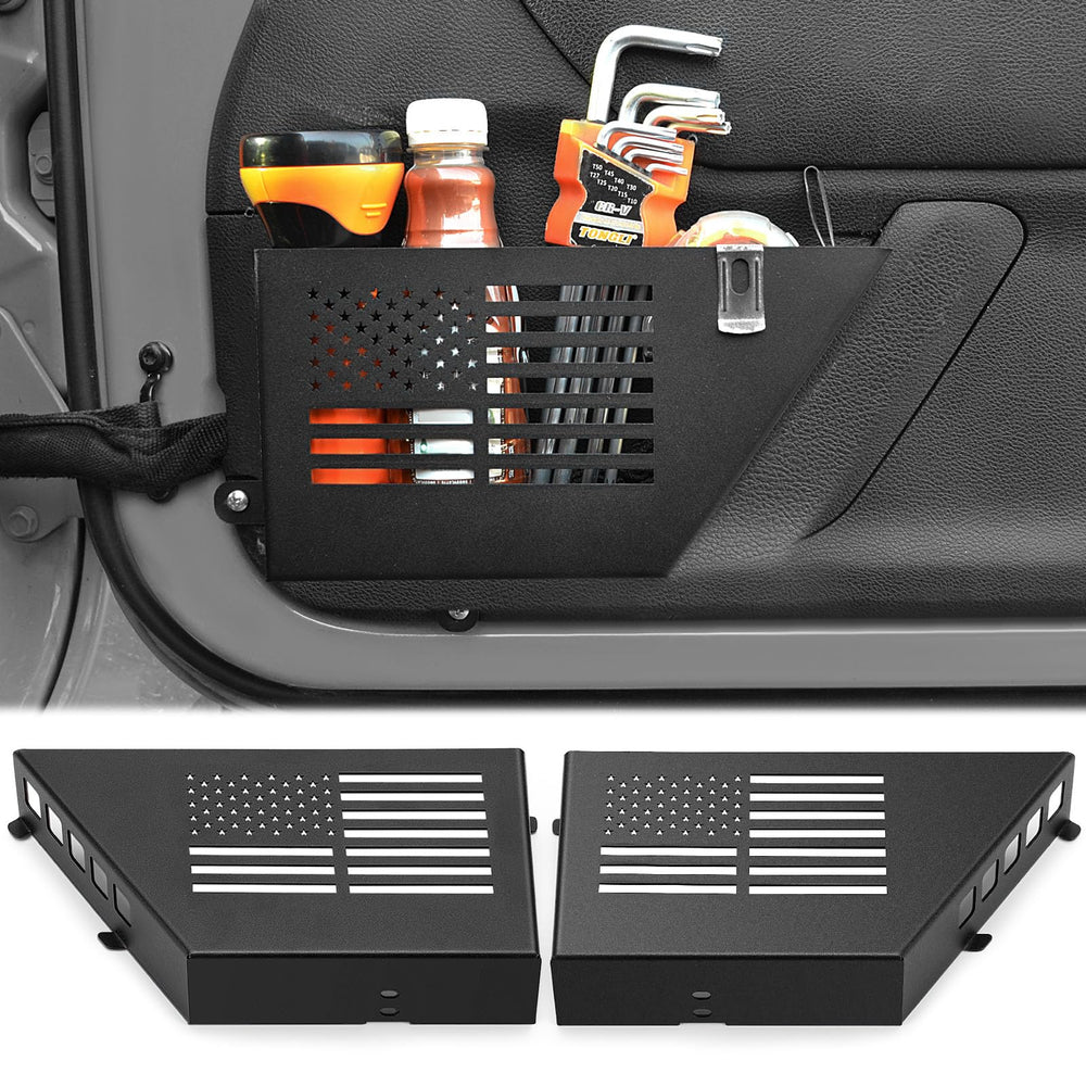 CALBEAU metal front door pocket for Jeep Wrangler keeps essentials neatly stored.