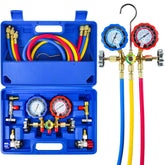 CALPOSE 3-way AC gauge kit showing real-time pressure readings