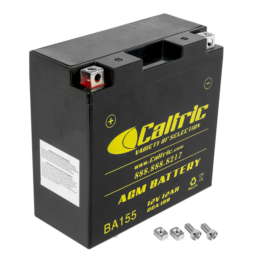Caltric AGM battery front view shows compact fit for Yamaha XVS1100A.