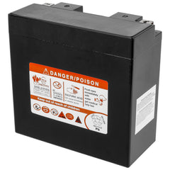 Caltric AGM battery label closeup emphasizes product origin and maintenance-free design.