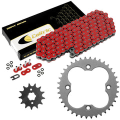 Caltric red O-ring drive chain with front sprocket for Honda TRX ensures smooth power delivery.