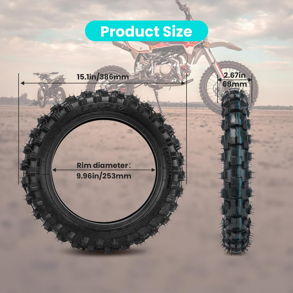 CALU LUKY 2.5-10 dirt bike tire side view shows 10-inch rim fit.