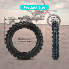 CALU LUKY 2.5-10 dirt bike tire side view shows 10-inch rim fit.