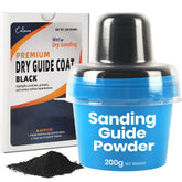 Calvana black dry guide coat powder bottle highlighting surface flaws for easier repair
