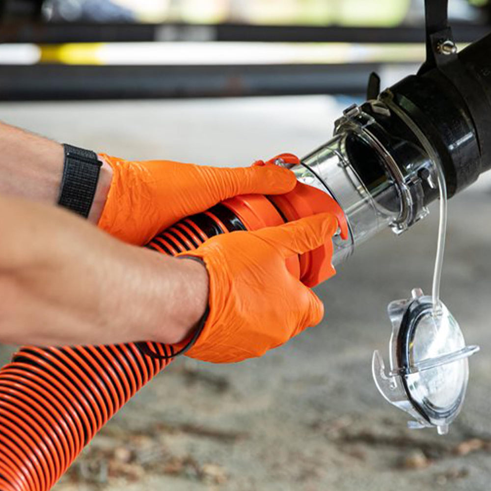 Camco 39562 clear adapter enables visible rinse progress during waste management.