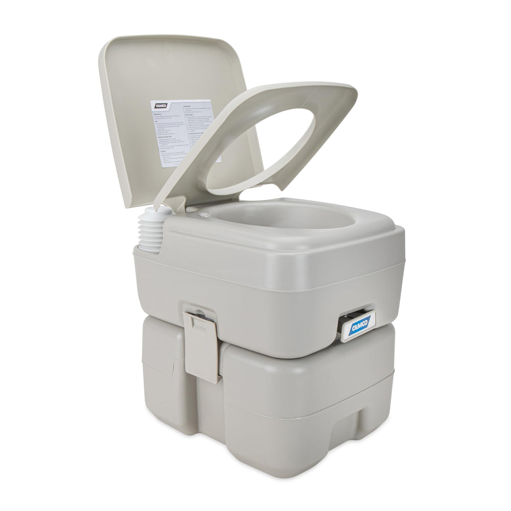 Camco 5.3-gallon portable toilet ready for camping trips and RVs.