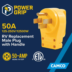 Camco 50A male plug assembly demonstrates rugged build and secure cord attachment.