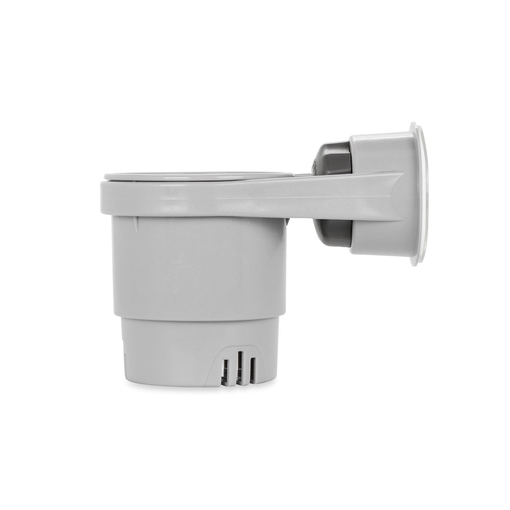 Camco boat cup holder suction mounted on a window to hold drinks steady.