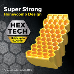 Wheel chock with non-slip rubber grippers provides secure placement.