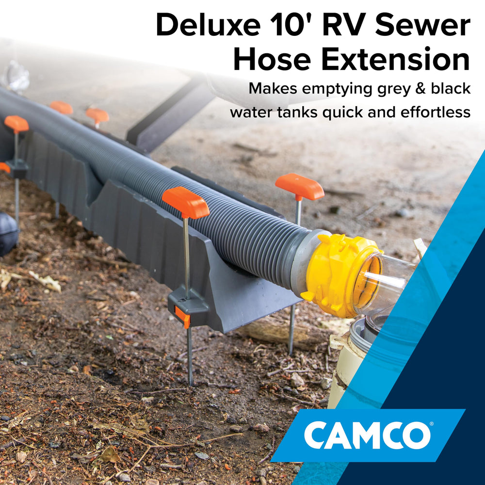 Patented Camco USA-made design featuring a durable sewer hose extension.