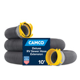 Camco Deluxe 10ft sewer hose extension with swivel fittings for easy waste dumping.