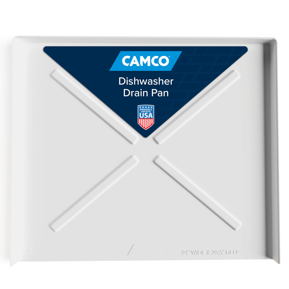 Camco dishwasher drain pan front view shows leak-prevention accessory for RV kitchens