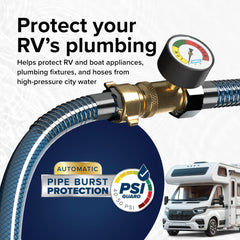 Camco drinking-water-safe regulator ensures clean water flow for RV setups.