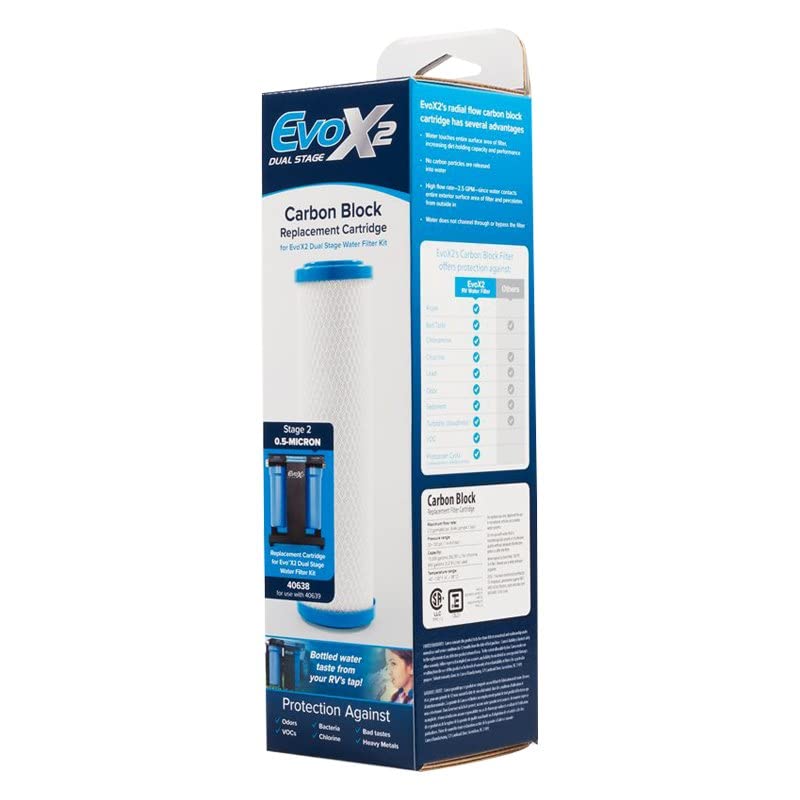 Camco Evo X2 cartridge improves taste and odor for outdoor water.