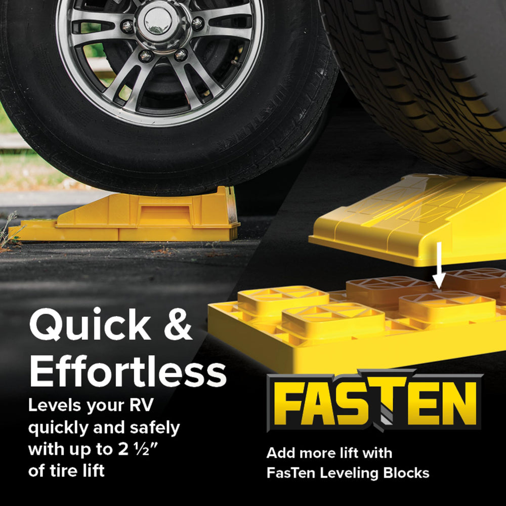 Camco FasTen ramp with AccuPark ridge for precise camper alignment.