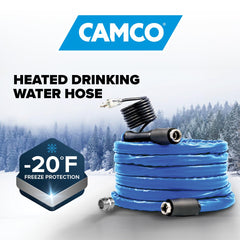 Camco heated water hose installed for RV setup with frost protection.