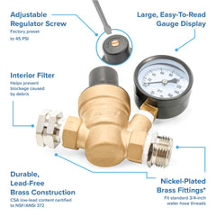 Camco regulator in durable brass construction, CSA low lead certified