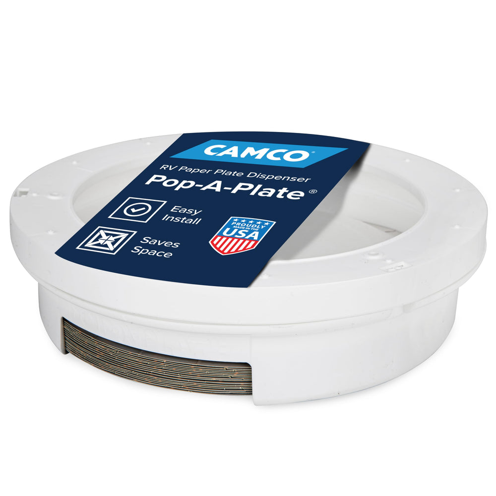 Camco Pop-A-Plate under-cabinet mount keeps 9-inch plates within reach.