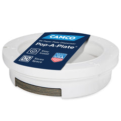 Camco Pop-A-Plate under-cabinet mount keeps 9-inch plates within reach.