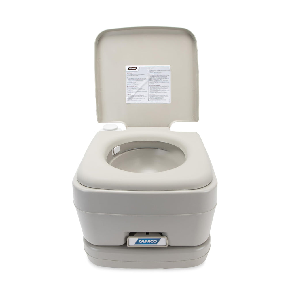 Camco portable toilet compact size fits tight campsites and RVs.