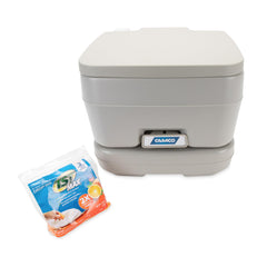 Camco portable toilet seat offers comfortable position during trips.