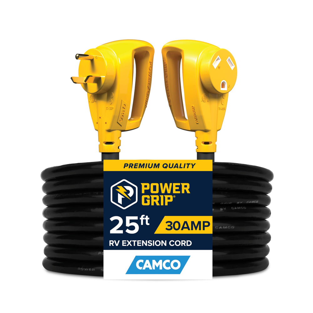 Camco Power Grip 25ft 30A RV extension cord with TT-30P to TT-30R for reliable power.