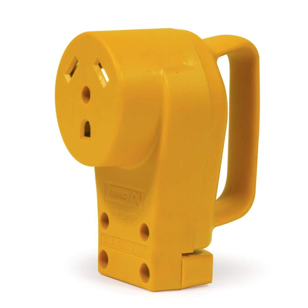 Camco Power Grip 30A female receptacle front view with easy-grip handle for safe connection