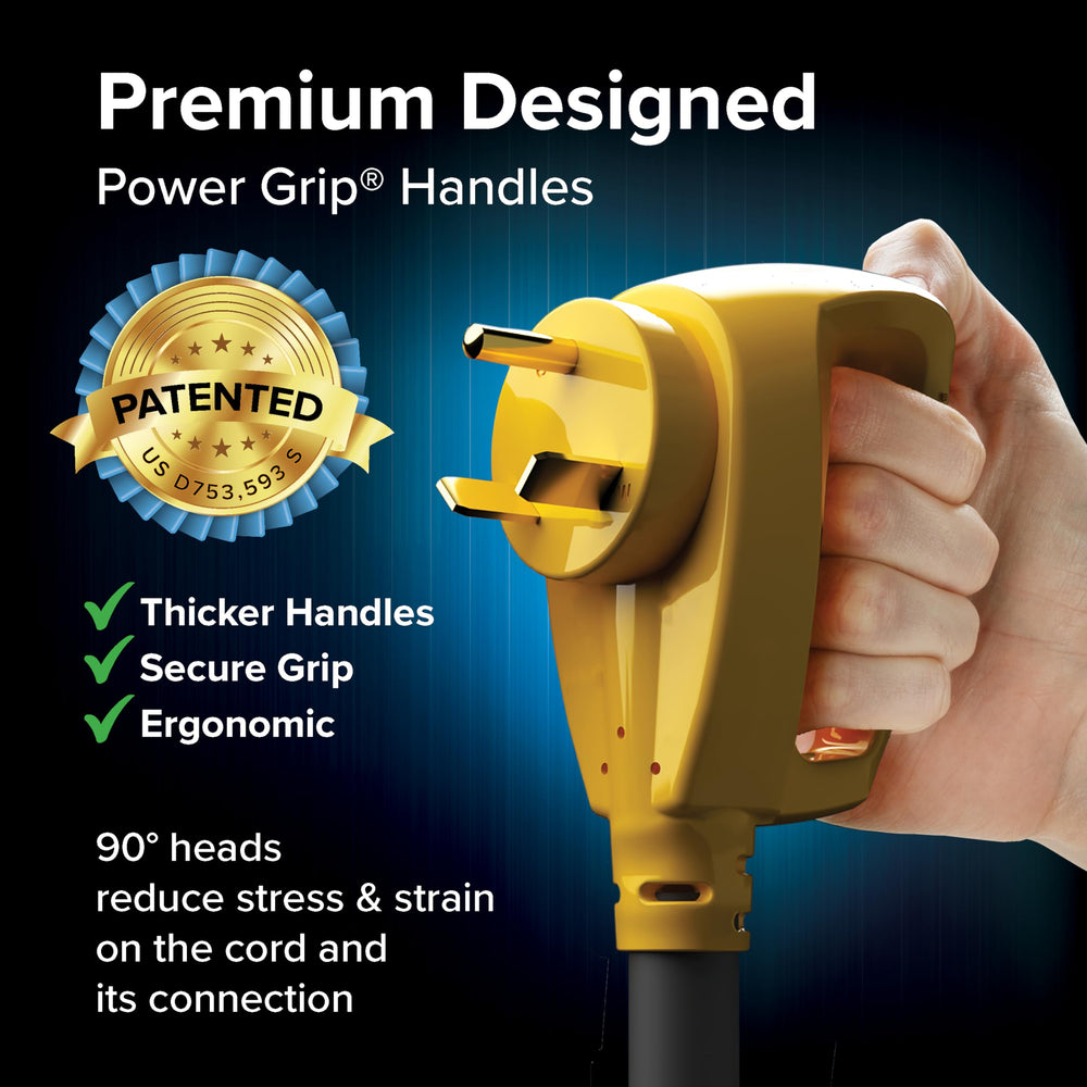 Camco Power Grip 90-degree ends reduce strain during plugging and unplugging.