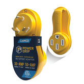 Camco Power Grip Offset Adapter connects 50A RV to 30A outlet for easier campsite power.